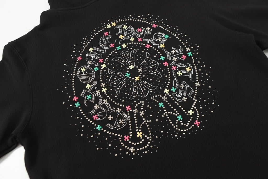 Chrome Hearts Colorful Rhinestone Hoodie - Black Gothic Street 2608
