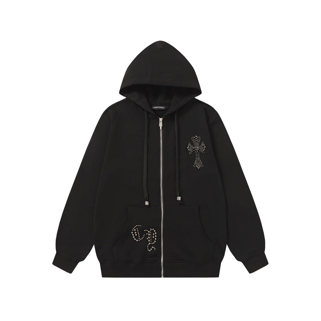 Chrome Hearts Rhinestone Cross Hoodie - Black Gothic Streetwear 2633